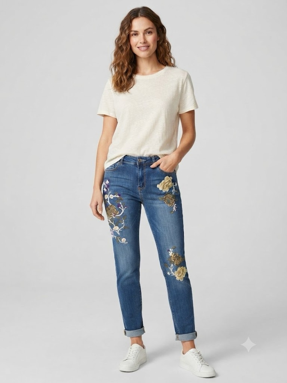 Embroidered Blue Skinny Jeans with Floral Detail - Picture 8 of 8